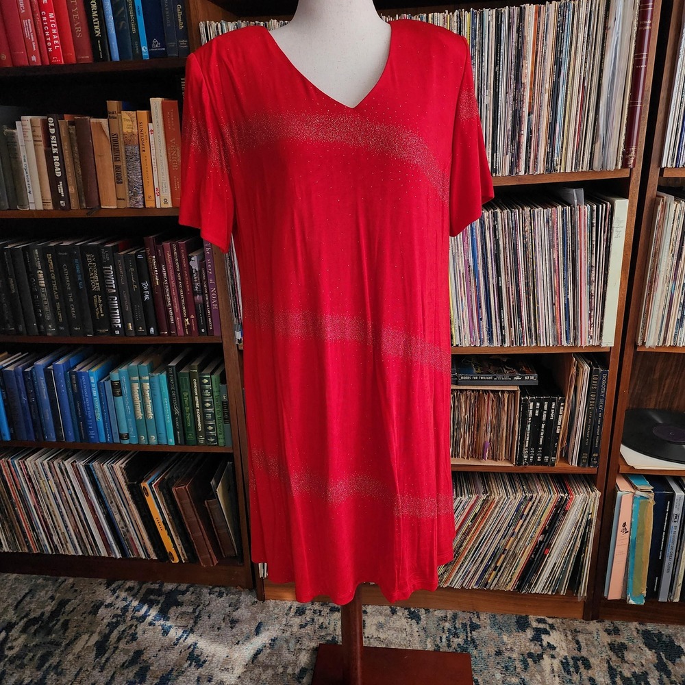 16 vintage red with striped glitter short sleeve, v-neck, lined dress